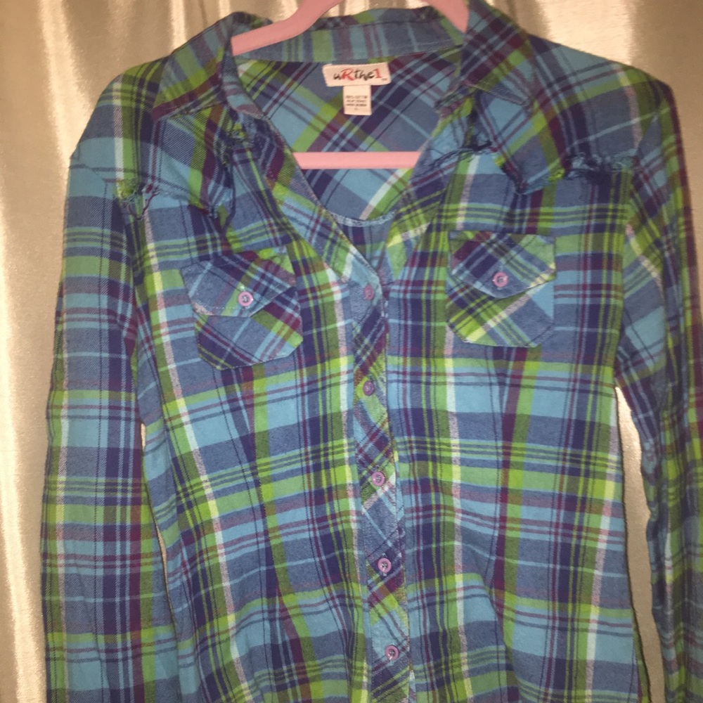 Blue green purple plaid shirt